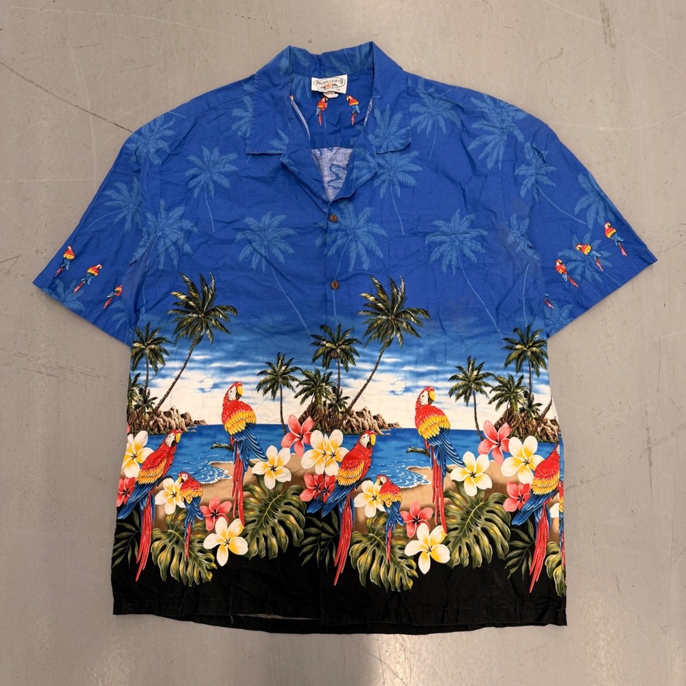 Pacific Legend Apparel‎ Mens Hawaiian Shirt Blue Parrot Palm Tree Beach Scene